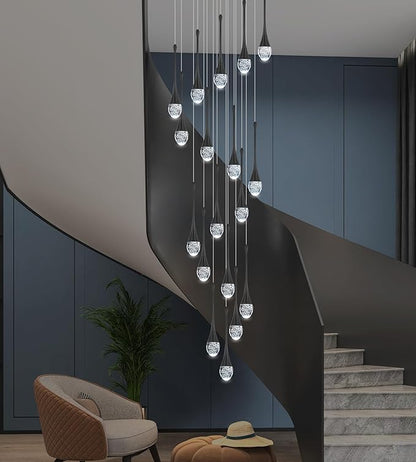 Modern Crystal Staircase Chandelier Polished Black 18-Lights, H118'' Large High Ceiling Spiral Dimmable LED Raindrop Foyer Entryway Light Fixture Remote Control