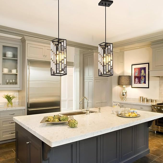 Black Pendant Lights Kitchen Island, Adjustable Modern Pendant Light Fixtures 1 Pack, Mini Crystal Chandeliers for Dining Room Bedroom Foyer Hallway