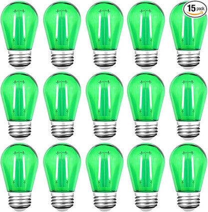 15 Pack S14 LED String Light Bulbs, Shatterproof 2 Watt Green Replacement Bulbs for Outdoor String Light, Waterproof Decorative E26 Base Green Filament Edison Christmas Light Bulbs
