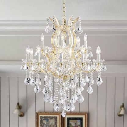 Modern Gold Chandelier Light Fixture - Large Maria Theresa Crystal Chandeliers for Dining Room, Kitchen Island, Living Room, Bedroom, 15 Lights, 2 Layers