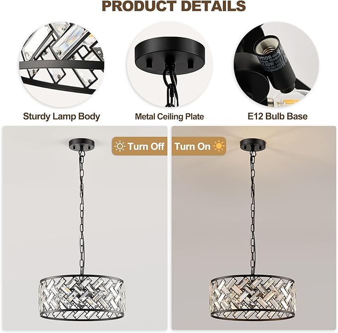 Black Crystal Chandelier, 4-Light Morden Dining Room Light Fixture,15.16" Round Semi Flush Mount Chandeliers for Kitchen Foryer Entryway Hallway Living Room Bedroom (ETL Listed)