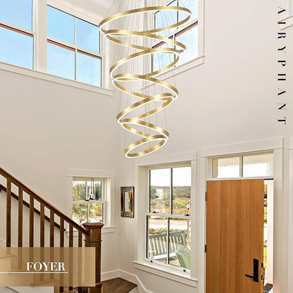 High Ceiling Brushed Gold Ring Chandeliers 7-Ring LED Chandelier Dimmable Modern LED Chandeliers 31" Large Foyer Chandelier Entryway Living Room Staircase, 3000K-6500K