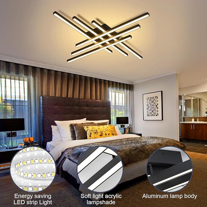 43" Black Modern LED Ceiling Light with Remote 3000K/4500K/6000K Close to Ceiling Lights Creative Design Ceiling Lamp for Bedroom Living Room Kitchen Hallway Dining Room(96W, 6 Lights)