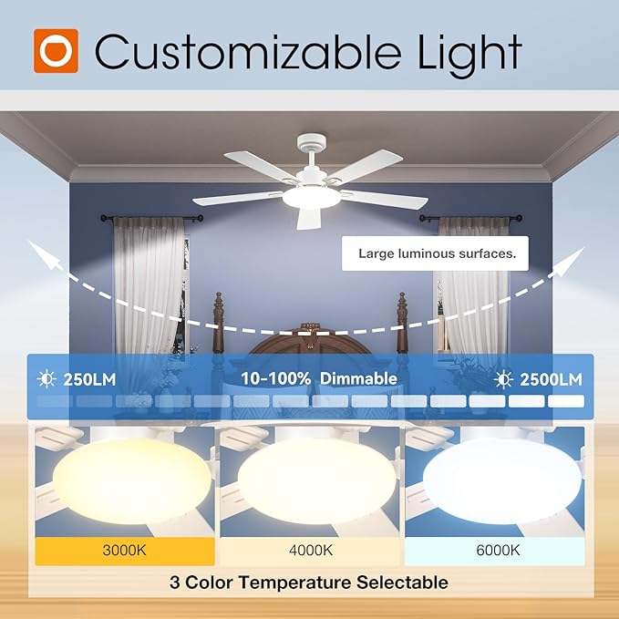 addlon Ceiling Fans with Lights, 52 inch White Ceiling fan with Light and Remote Control, Reversible, 3CCT, Dimmable, Noiseless, Small Ceiling Fan for Bedroom, Farmhouse, Indoor/Outdoor Use