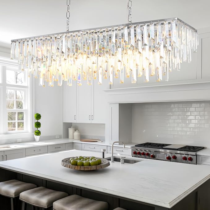 Dining Room Chandelier, 12 Lights Chrome Rectangle Crystal Chandeliers for Dining Room Kitchen Table Living Room Modern Rectangular Pendant Light Fixture 40"