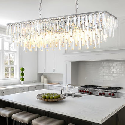 Dining Room Chandelier, 12 Lights Chrome Rectangle Crystal Chandeliers for Dining Room Kitchen Table Living Room Modern Rectangular Pendant Light Fixture 40"