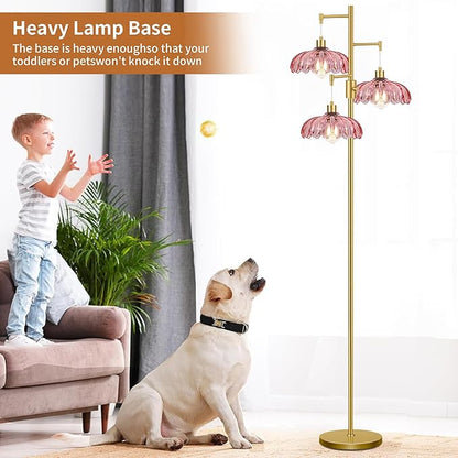 ZECOXOL Gold Floor Lamps for Living Room-3 Light Dimmable Floor Lamp with Three Bulbs & Glass Lampshape, Mid Century Modern Standing Lamp Tree Tall Flower Floor Lamp for Bedroom Living Room,Corner