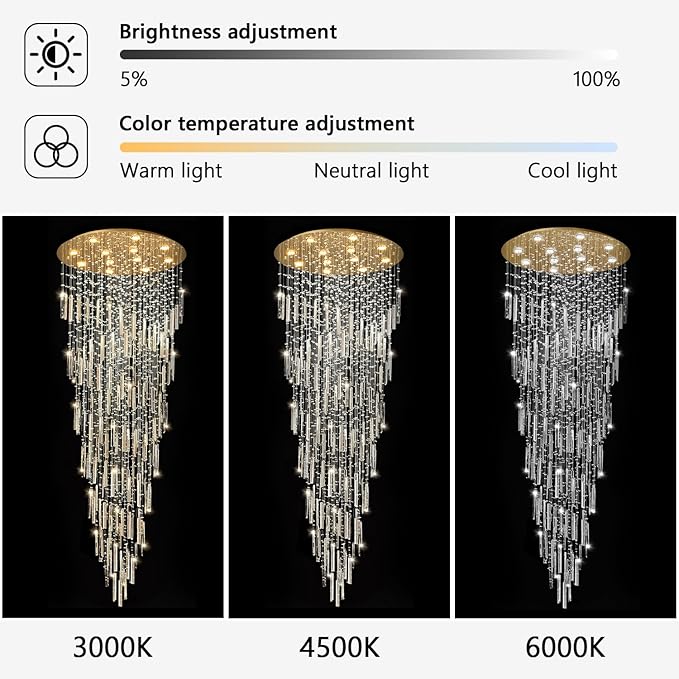 98'' Modern Crystal Chandelier High Ceiling Chandeliers for Entryway Large Raindrop Chandeliers LED Dimmable Flush Mount Light Fixtures for Staircaes Foyer Hallway Living Room LED Bulbs Included Gold