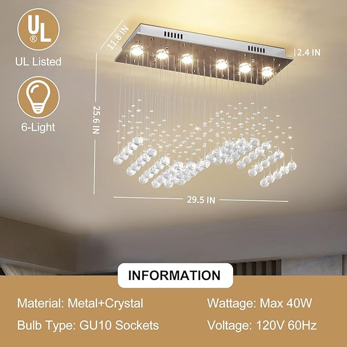 Depuley Modern K9 Crystal Chandelier, 6-Light Rectangle Flush Mount Ceiling Light, Wave Raindrop Crystal Pendant Lighting for Dining Room Kitchen Living Room Bedroom, L29.5'' x W11.8'' x H25.6''