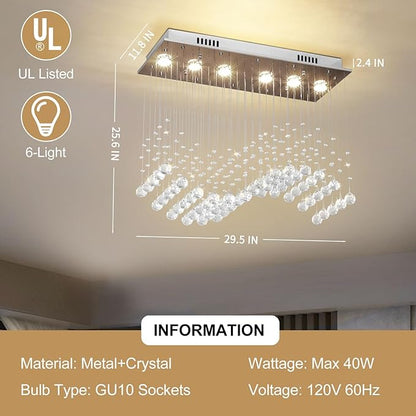 Depuley Modern K9 Crystal Chandelier, 6-Light Rectangle Flush Mount Ceiling Light, Wave Raindrop Crystal Pendant Lighting for Dining Room Kitchen Living Room Bedroom, L29.5'' x W11.8'' x H25.6''