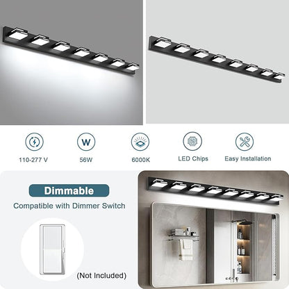 LED Modern Bathroom Vanity Light Fixtures, 8-Light 55-inch Dimmable Matte Black Vanity Lights for Bathroom Lighting Fixtures Over Mirror, with 360° Rotatable Acrylic Heads (Cool White 6000K)