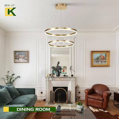 Benkut 2-Rings Modern LED Chandelier Gold for Dining Room, Circular Flush Mount Ceiling Chandelier Light Dimmable Pendant Light with Remote Control for Living Room Entrance Foyer, 3000K-6500K