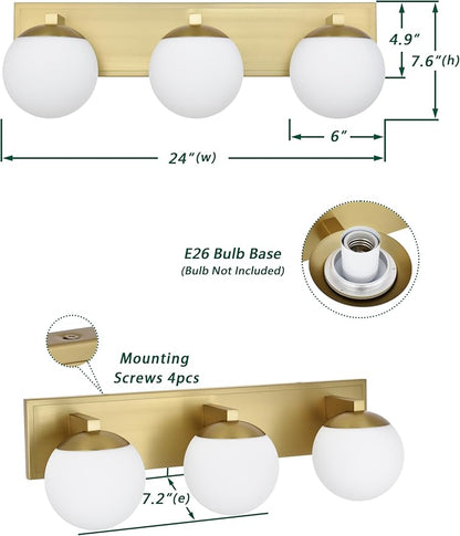 Gold Bathroom Vanity Light Fixtures, 3-Light Globe Bathroom Lighting Fixtures Over Mirror, Modern Wall Lights for Living Room, Long Backplate, Standard E26 Base, Aged Brass