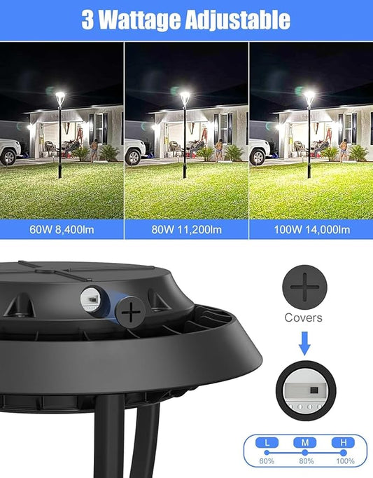 KUKUPPO 100W LED Post Top Light ETL Listed 14000Lm, 100W/80W/60W Wattage Selectable LED Post Pole Top Light Dusk to Dawn IP65 Waterproof for Outdoor Commercial Pole Light Fixture AC100-277V
