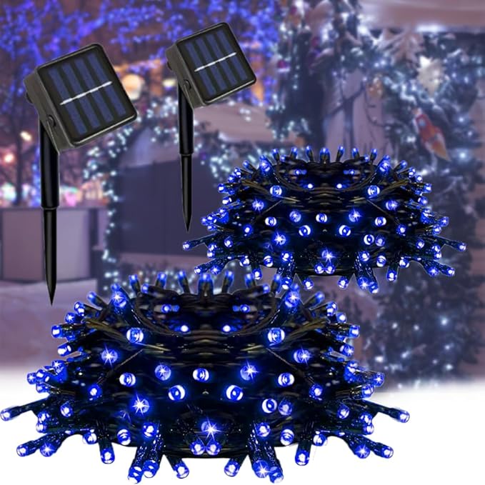 2 Pack Solar String Lights Outdoor, Total 100 LED Each 20Ft with 8 Lighting Modes for Yard, Fence,Balcony, Party,Christmas Tree Decorations (Blue Light)