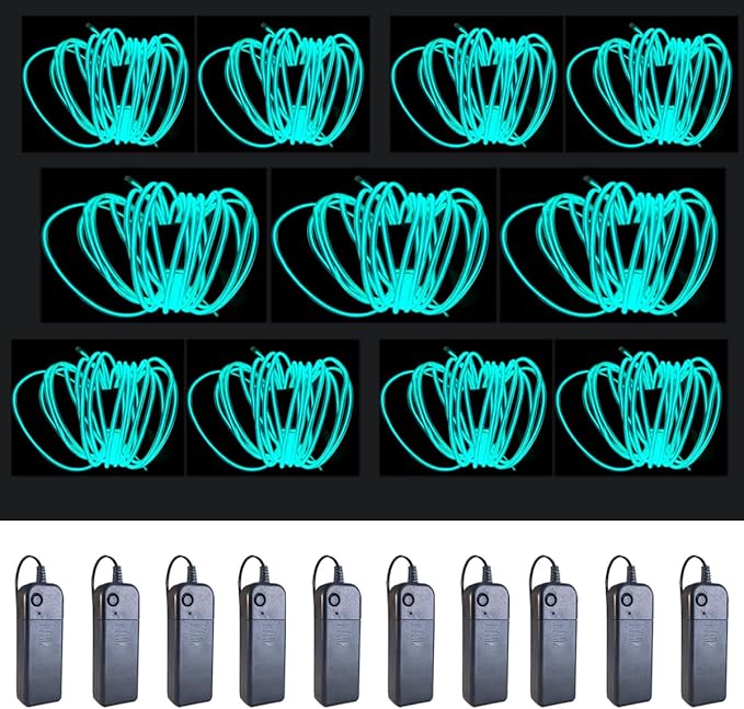 MaxLax EL Wire Ice Blue 10-Pack, 9ft/2.75m Neon Light Wire with Noise Reduction and Battery Pack…