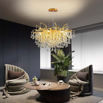 Modern Crystal Raindrop Chandelier, Gold Round Art Deco Tree Branch Lighting Fixture for Dining Room Living Room Foyer 13 Lights D31.5''