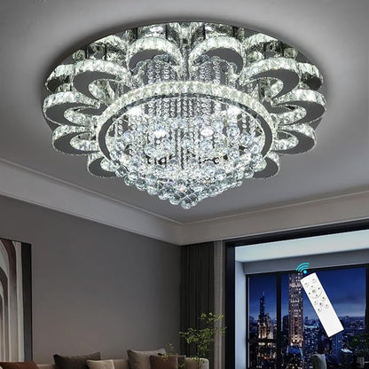 HAIXIANG Modern Chandelier Living Room Light Glam Chandeliers Ceiling Light Fixture Remote Dimmable Lights 40 Inches Luxury Crystal Silver Dining Room Lights