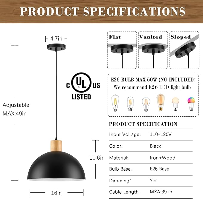Black Solid Wood Pendant Light, 16in Modern Matte Black Pendant Lights Fixtures Adjustable Farmhouse Hanging Lighting,for Kitchen Island Dining Room Barn Office