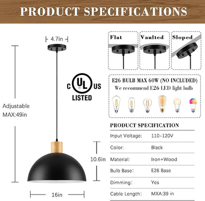 Black Solid Wood Pendant Light, 16in Modern Matte Black Pendant Lights Fixtures Adjustable Farmhouse Hanging Lighting,for Kitchen Island Dining Room Barn Office