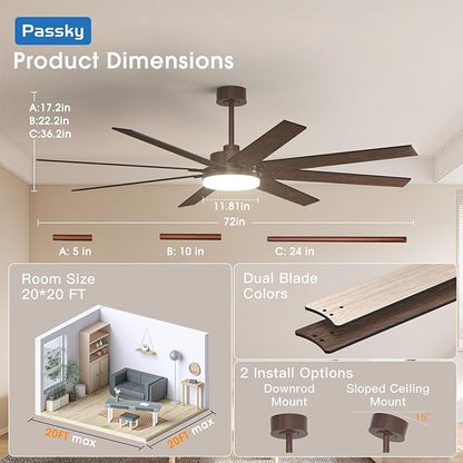 72 Inch Ceiling Fans with Lights, Large Modern Ceiling Fan with Light and Remote Control, Reversible, 3CCT, Dimmable, Quiet, Brown Ceiling Fan for Bedroom Living Room Patio Farmhouse, Indoor/Outdoor