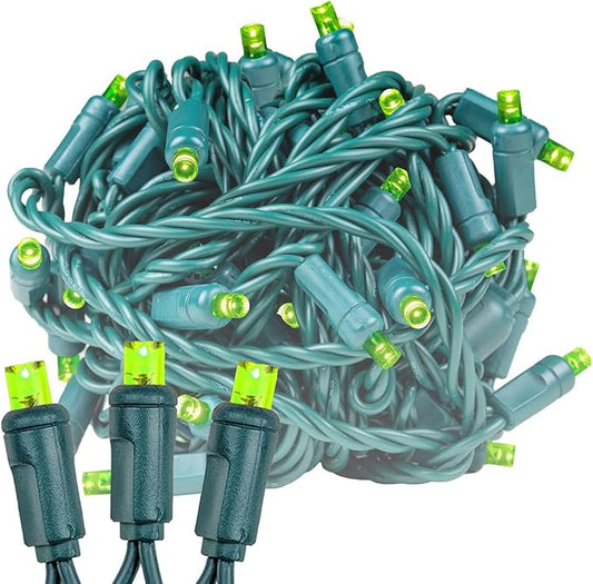 Novelty Lights 25ft 50 LED Lime Green Christmas Lights Outdoor/Indoor, 6" Spacing, Green Wire String Lights for Festive Xmas Lighting, IP55, UL Listed, Dimmable, Connectable