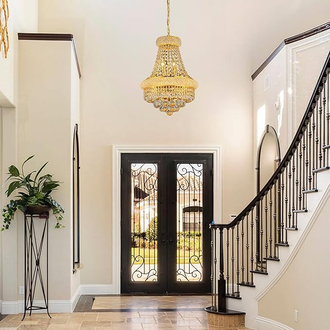 Crystal Chandeliers for Dining Room Light Fixtures Over Table, Empire Style K9 Crystal Chandelier for Living Room, 6 Lights Gold Luxury Lighting Fixtures for Bedroom Kitchen Island Entryway D15 Inch