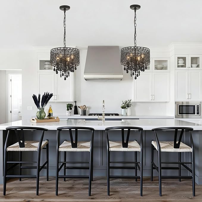 VILUXY Crystal Chandelier for Dining Room Black Smoke Ceiling Pendant Lighting Modern Crystal Hanging Light Fixture Small Drum Chandelier with Chain Mid-Century for Foyer