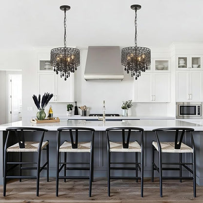 VILUXY Crystal Chandelier for Dining Room Black Smoke Ceiling Pendant Lighting Modern Crystal Hanging Light Fixture Small Drum Chandelier with Chain Mid-Century for Foyer