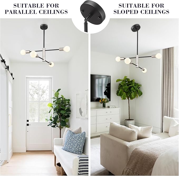 Modern Sputnik Chandelier Adjustable 4-Light Industrial Ceiling Light Fixture Mid Century Semi Flush Mount Ceiling Light Fixture Farmhouse Pendant Lighting for Dining Room Bedroom Silver