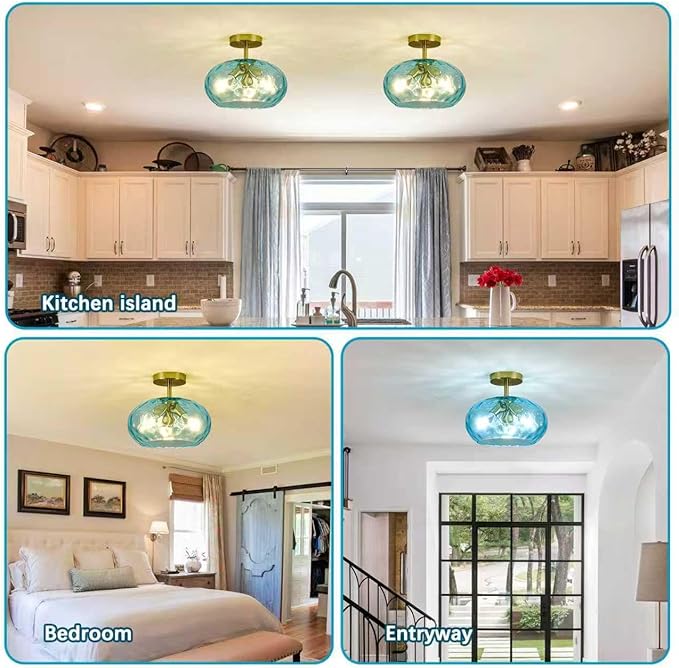Luafac Blue Glass Semi Flush Mount Ceiling Light - 12 Inch Hammered Glass Hallway Light fixtures Ceiling, Vintage Gold Flush Mount Ceiling Light,Mid Century Light Fixture for Bedroom Entryway Kitchen