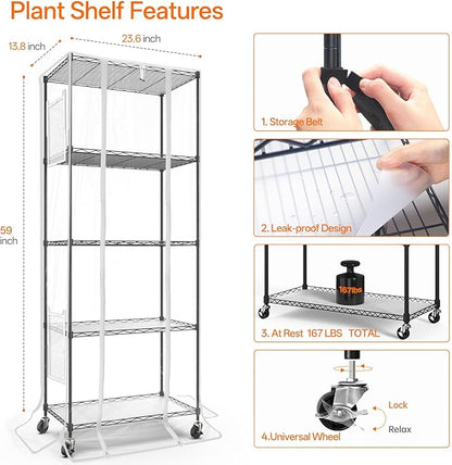 Bstrip Indoor Greenhouse with Grow Light, 5 Tier 23.5"x13.8"x59" Mini Greenhouse with 4 Pack 24W Full Spectrum Plant Lights & Timer, Plant Shelf with Cover for Indoor Plant, Seed Starting, Seed Tray