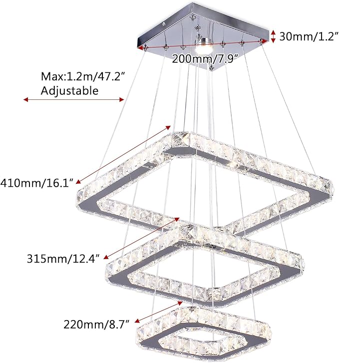 Modern Crystal Chandelier, Dimmable LED Pendant Light with Remote, Square 3-Ring K9 Crystal Chandelier, Height Adjustable 47W Hanging Light Fixture for Dining Room Living Room Bedroom Foyer