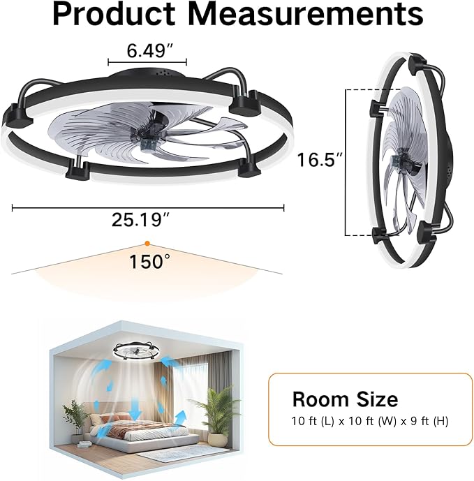OUTON 24" Ceiling Fan with Light, Remote & App Control, Fandelier Low Profile Flush Mount Ceiling Fan with 3000K-6500K Stepless Dimmable, 6 Speed, Quiet DC Motor, Modern Ceiling Fans for Bedroom Black