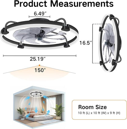 OUTON 24" Ceiling Fan with Light, Remote & App Control, Fandelier Low Profile Flush Mount Ceiling Fan with 3000K-6500K Stepless Dimmable, 6 Speed, Quiet DC Motor, Modern Ceiling Fans for Bedroom Black