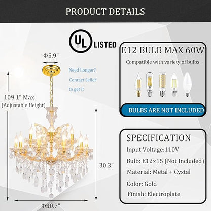 Large Crystal Chandelier for High Ceiling, 15 Lights 2 Layers Maria Theresa Crystal Chandelier Modern Luxury Gold Chandelier Lighting Fixture for Dining Room, Living Room, Foyer, Staircase