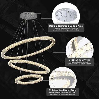 Siljoy LED Chandelier, Modern Ceiling Light Fixture with 3 Crystal Chandelier Lighting Rings, DIY & 3-Color Changing 3 Rings Adjustable Chandeliers for Living Room Dining Room Kitchen, D 12"-20"-28"