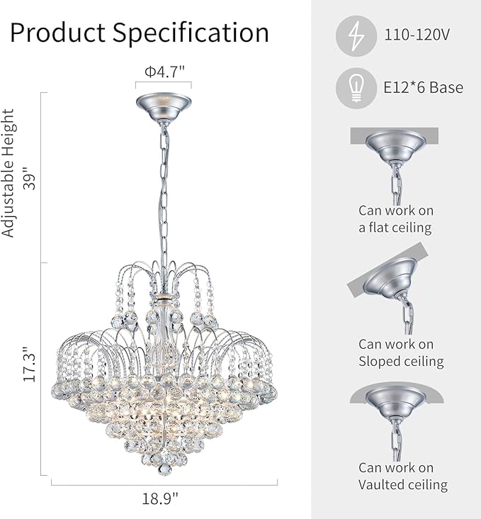 WUZUPS Crystal Chandelier Pendant Flushmount Ceiling Light Modern Lighting Fixture for Bedroom Hallway Bar Kitchen Bathroom, H 17.3" x W 18.9", Silver, E12 Base