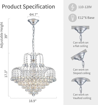 WUZUPS Crystal Chandelier Pendant Flushmount Ceiling Light Modern Lighting Fixture for Bedroom Hallway Bar Kitchen Bathroom, H 17.3" x W 18.9", Silver, E12 Base