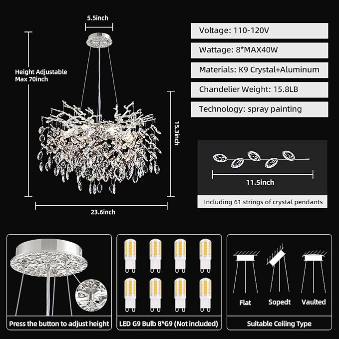 Modern Tree Branch Crystal Chandelier 23.6" Sliver Luxury Large Pendant Lighting 8-Light Contemporary K9 Crystal Chandeliers for Dining Room Kitchen Living Room Foyer Entryway (Sliver, D23.6"-Round)