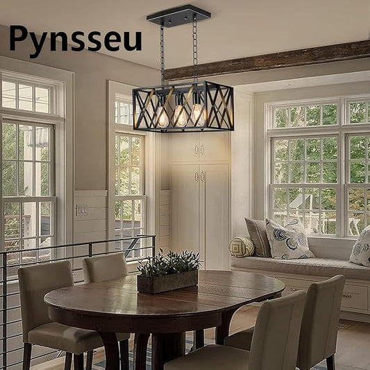 Pynsseu Industrial Kitchen Island Pendant Lighting, Rectangular Vintage Rustic 3-Light Hanging Pendant Light Fixtures for Kitchen Farmhouse, Bar, Dinning Room
