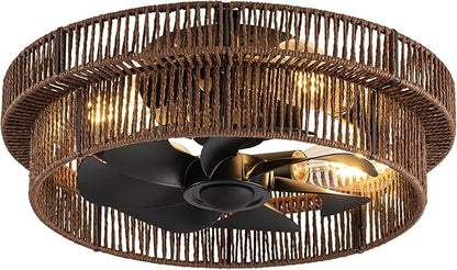 Handwoven Boho Ceiling Fans with Lights Flush Mount,Black Farmhouse Caged Fandelier Low Profile Enclosed Chandelier Fan with 6 Speeds for Bedroom,Nursery,Dining Room(Rattan Brown)