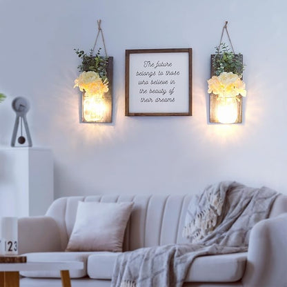 Modern Farmhouse Wall Decor, Country Wall Decor for Bedroom, Living Room, Kitchen, Rustic Wall Art with Led Fairy Lights & Rose Flowers, Wall Art Set of 2, Large Grey