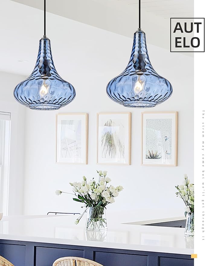 AUTELO Blue Pendant Lights Kitchen Island, 10" Hammered Glass Pendant Lights, Modern Pendant Light Fixtures in Matte Black Finish, Hanging Lamp for Dining Room, Kitchen Sink, H9164 BU