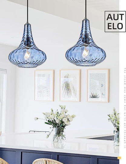 AUTELO Blue Pendant Lights Kitchen Island, 10" Hammered Glass Pendant Lights, Modern Pendant Light Fixtures in Matte Black Finish, Hanging Lamp for Dining Room, Kitchen Sink, H9164 BU
