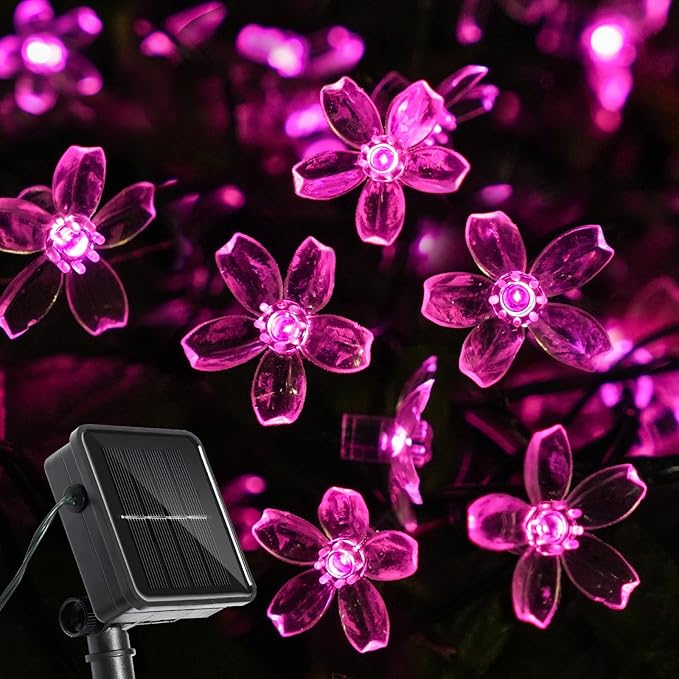 60 LED Solar String Lights Outdoor Waterproof Flower Fairy Lights for Garden Fence Patio Yard Christmas Tree Lawn Wedding Party Decor, Pink