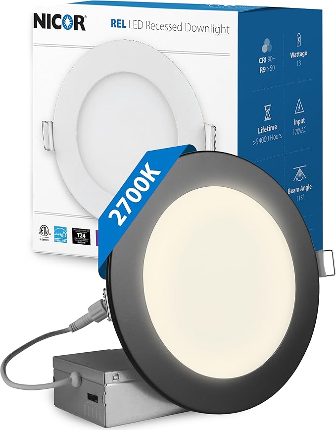 LED Downlight - Ultra-Thin 6 inch LED Recessed Light with Junction Box - 2700K, 902 Lumens, 11.8W, 120V, Dimmable LED Lights - REL6 Edge-Lit LED Ceiling Light, Black by NICOR Lighting