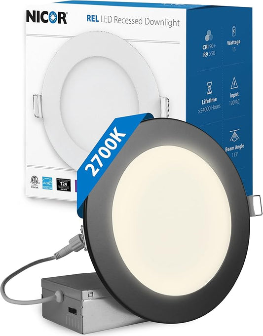LED Downlight - Ultra-Thin 6 inch LED Recessed Light with Junction Box - 2700K, 902 Lumens, 11.8W, 120V, Dimmable LED Lights - REL6 Edge-Lit LED Ceiling Light, Black by NICOR Lighting