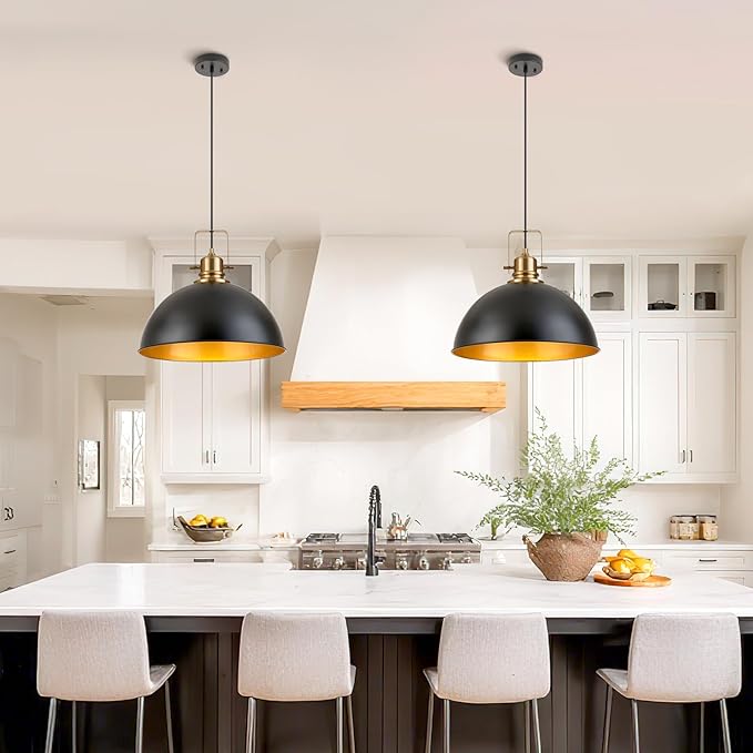 Farmhouse Pendant Light, 17.5" Matte Black Pendant Light Kitchen Island with Adjustable Cord, Vintage Dome Hanging Lights for Dining Room Cafe Bar Hallway Worktops, L, 2 Pack