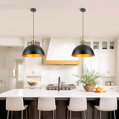 Farmhouse Pendant Light, 17.5" Matte Black Pendant Light Kitchen Island with Adjustable Cord, Vintage Dome Hanging Lights for Dining Room Cafe Bar Hallway Worktops, L, 2 Pack